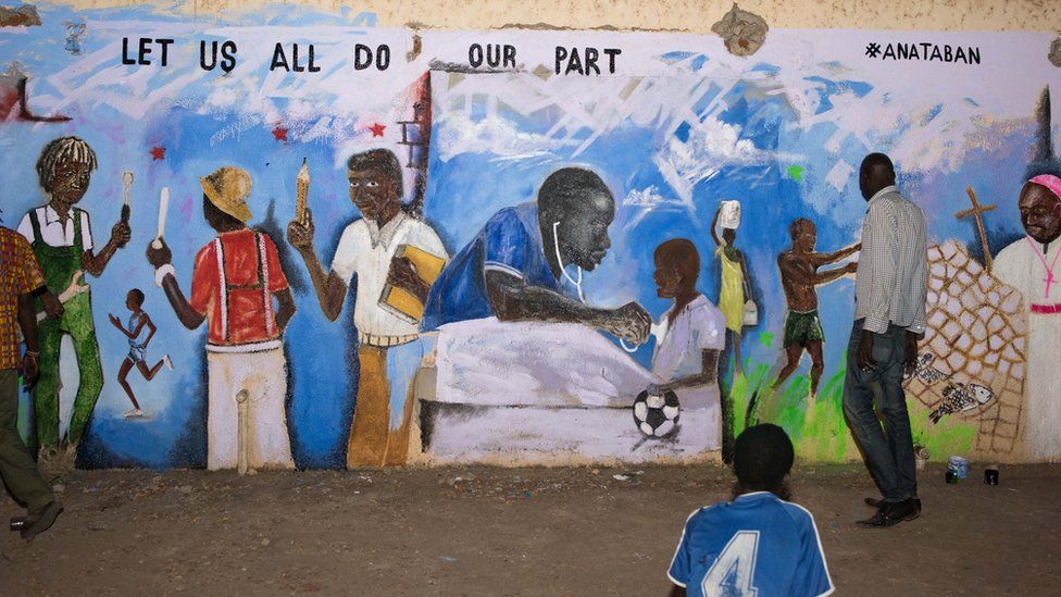 他描绘的艺术治疗中心的孩子是由Ding Col Dau博士，谁返回南苏丹2014行医，但是在他自己家里被谋杀之后的一年。