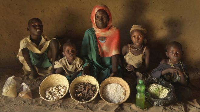 Yasmin（右二），她的母亲Jumana和三个兄弟姐妹展示她们一周的食物。Yasmin的村庄，Hille Bar，是非洲的萨赫勒地区的一部分，估计有550万的孩子会受今年严重营养不良。