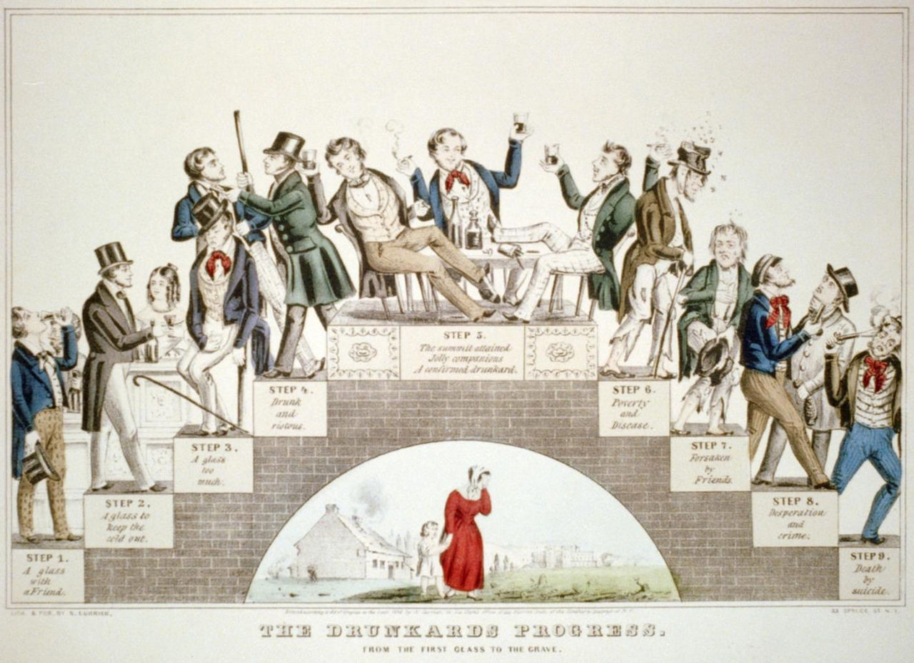 1846年，一幅漫画描绘酒鬼的发展，以支持戒酒运动。/Wikimedia