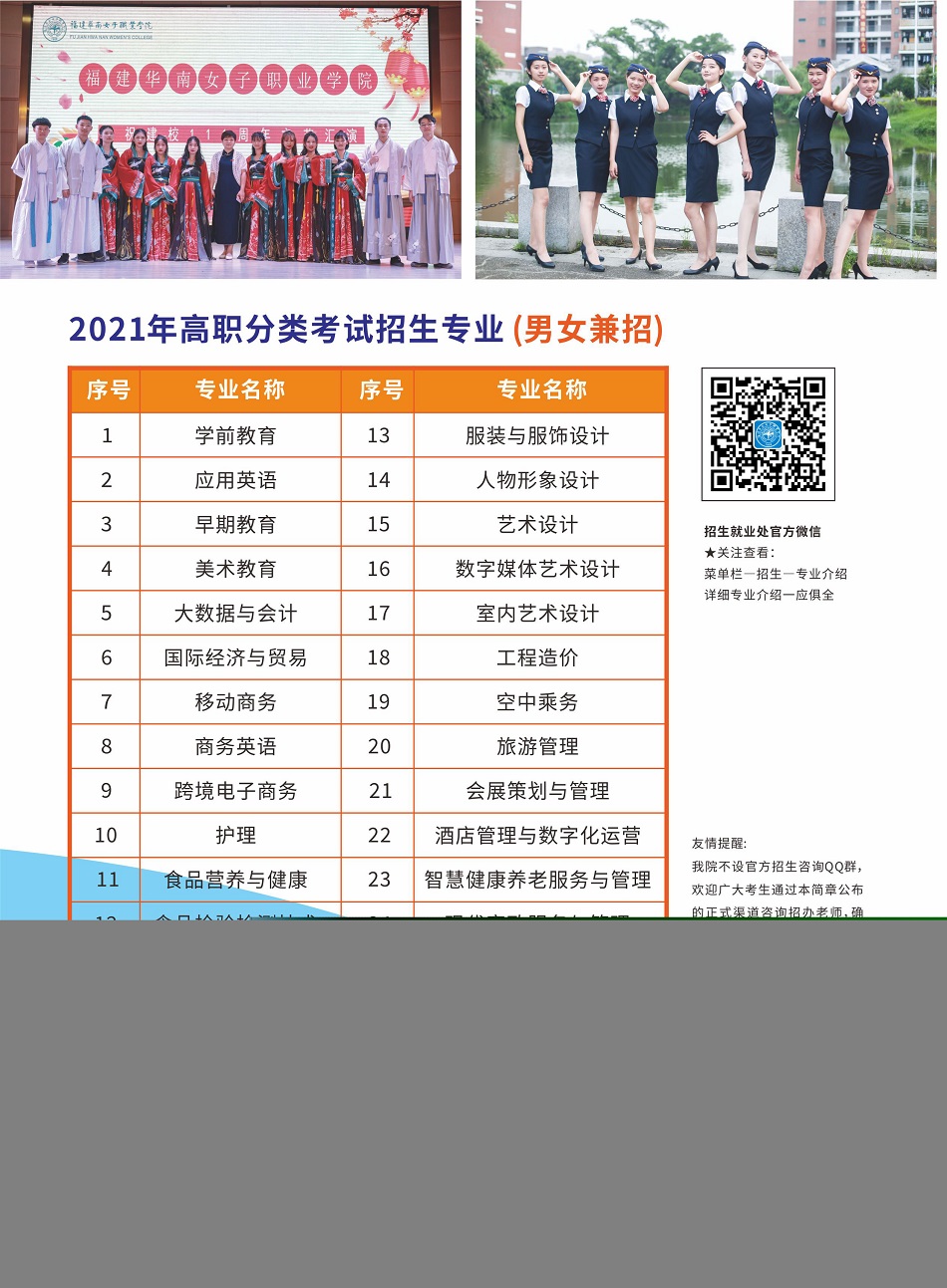 2021年福建华南女子职业学院高职分类考试招生简章