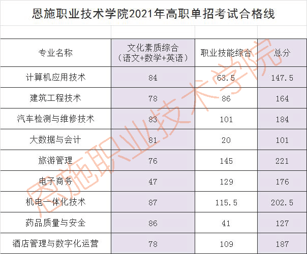 2021恩施职业技术学院单招分数线