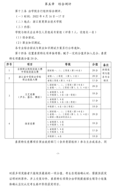 2022年浙江育英职业技术学院高职提前招生章程