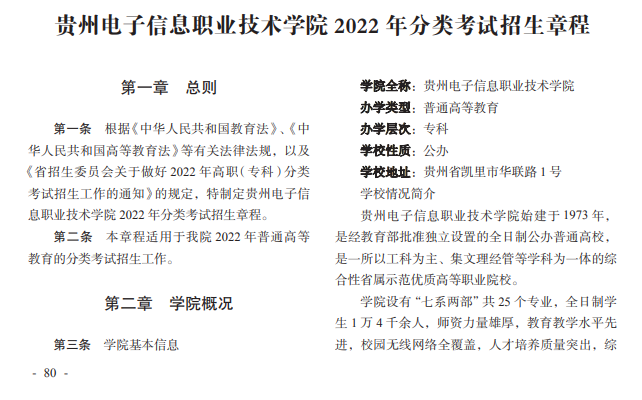 2022年贵州电子信息职业技术学院分类考试招生章程