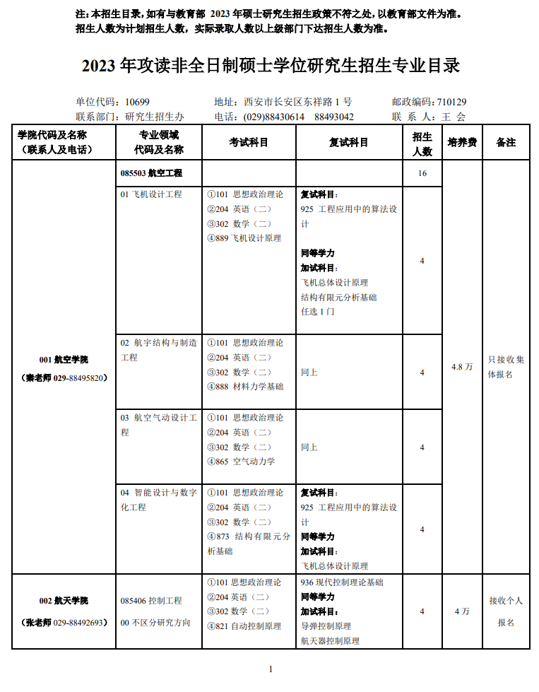 2023西北工业大学研究生招生专业目录含研究生考试科目