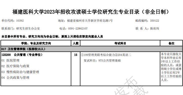 2023福建医科大学研究生招生专业目录含研究生考试科目