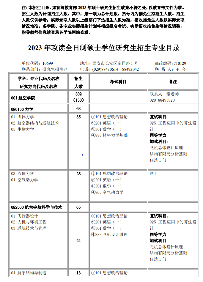 2023西北工业大学研究生招生专业目录含研究生考试科目