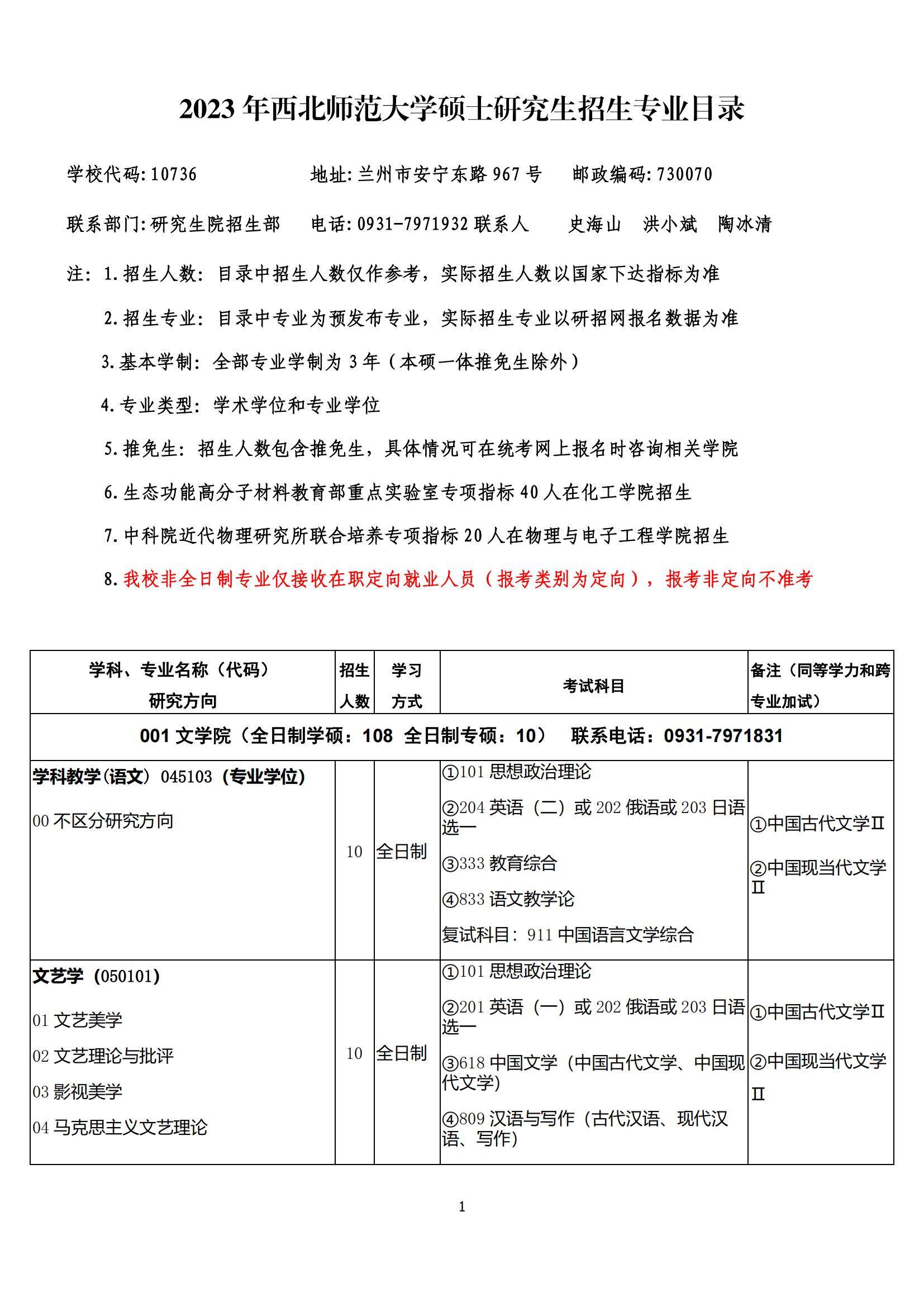 2023西北师范大学研究生招生专业目录含研究生考试科目