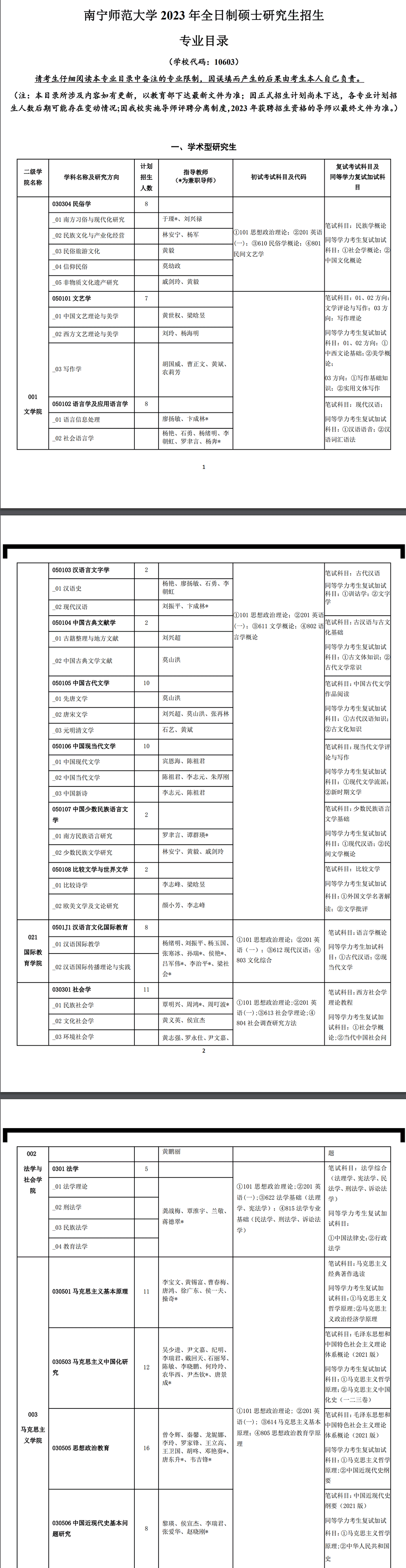 2023南宁师范大学研究生招生专业目录含研究生考试科目