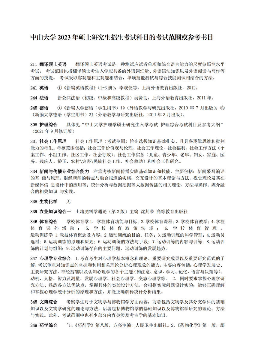 2023年中山大学考研大纲