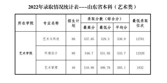 2022山东管理学院艺术类录取分数线