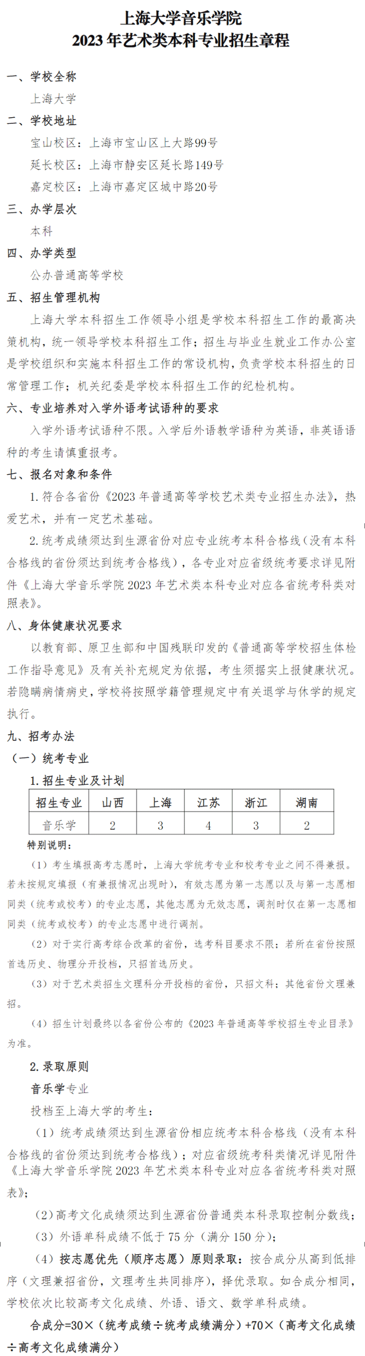 2023年上海大学音乐学院艺术类招生章程