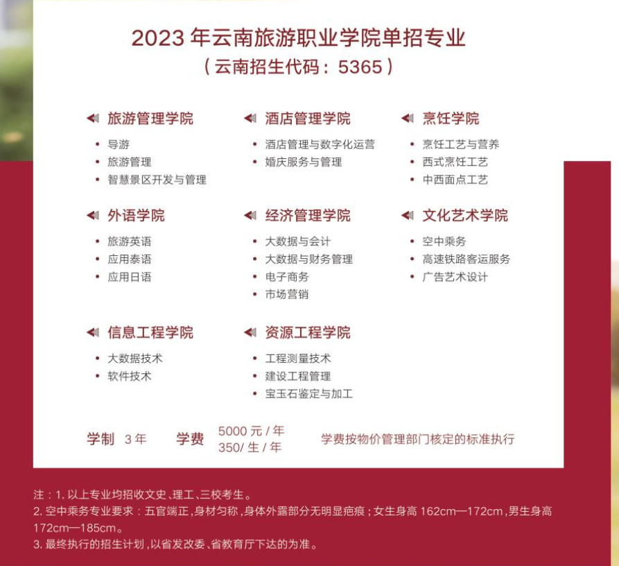 2023云南旅游职业学院单招学费及各专业学费多少钱一年