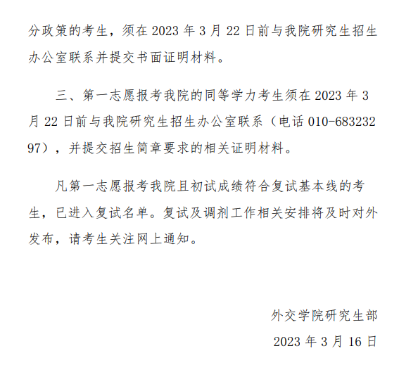2023外交学院考研分数线