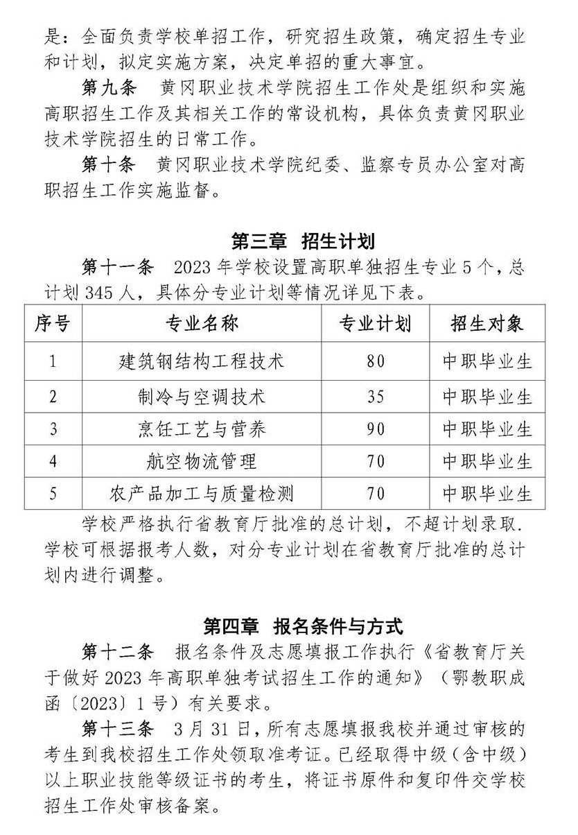 2023年黄冈职业技术学院单招章程