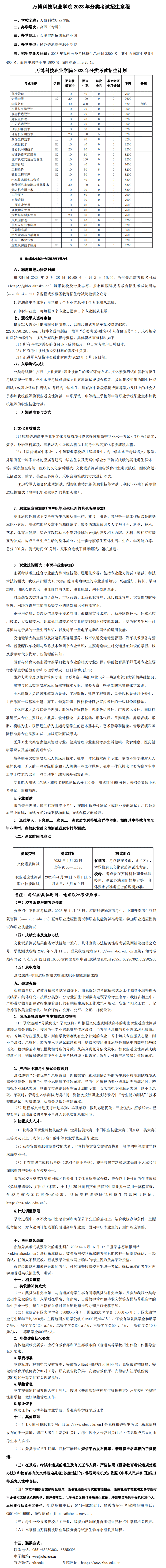 2023年民办万博科技职业学院分类考试招生章程