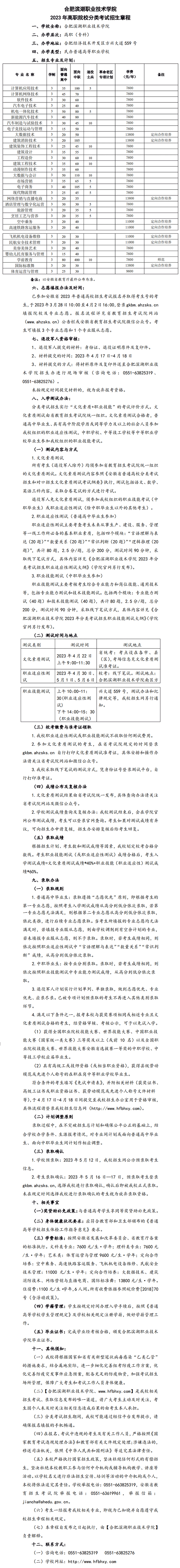 2023年民办合肥滨湖职业技术学院分类考试招生章程