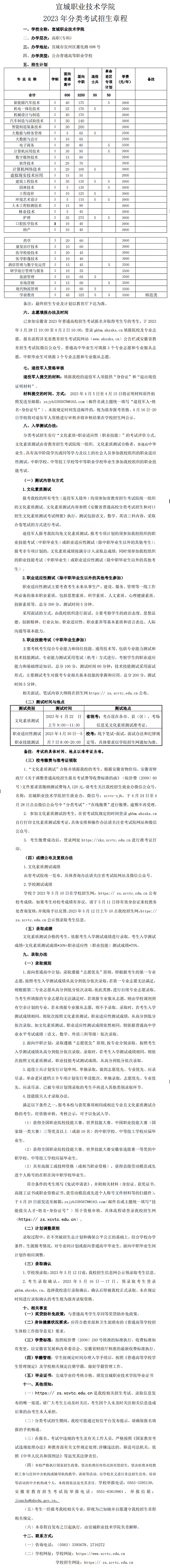 2023年宣城职业技术学院分类考试招生章程