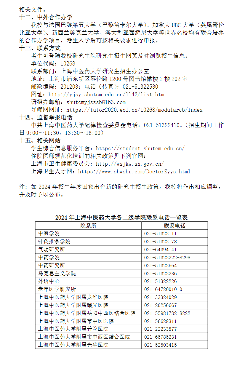 2024上海中医药大学研究生招生简章