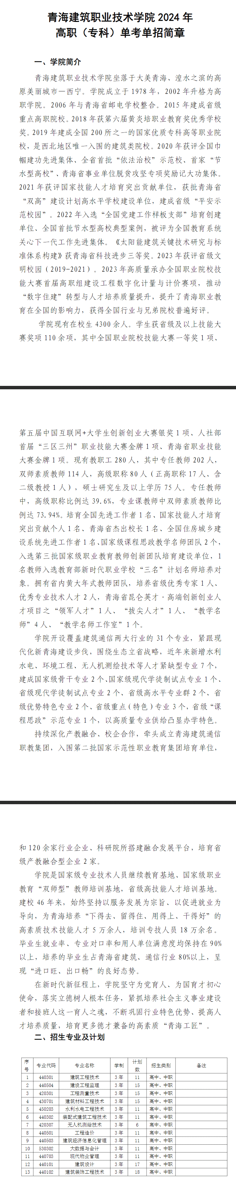 2024年青海建筑职业技术学院单考单招简章