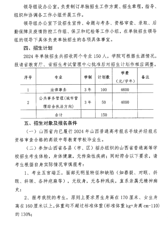 2024年山西警官职业学院单招章程