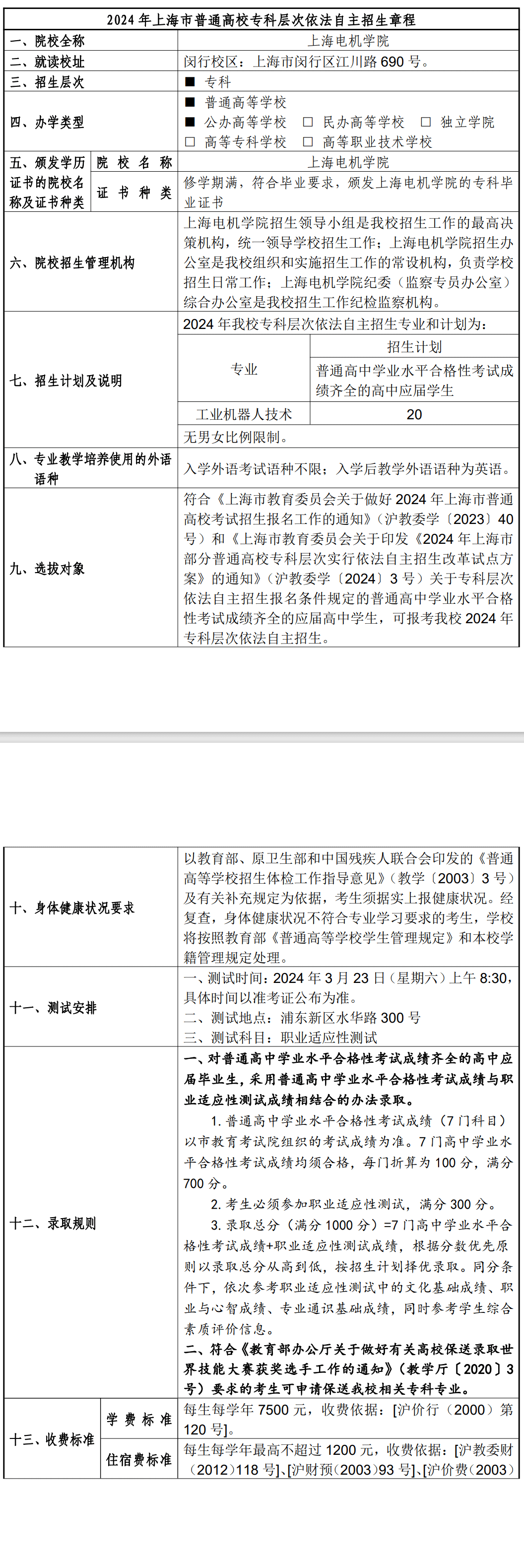 2024年上海电机学院专科自主招生章程 2024年上海电机学院专科自主招生章程
